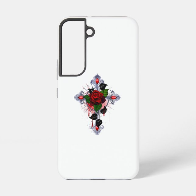 Silver Cross with a Red Rose Samsung Galaxy S22 Case (Back)