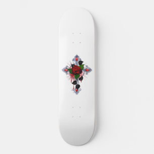 Silver Cross with a Red Rose Skateboard