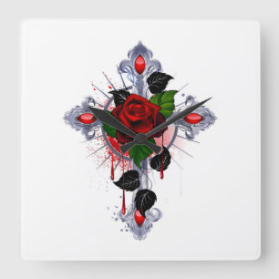 Silver Cross with a Red Rose Square Wall Clock