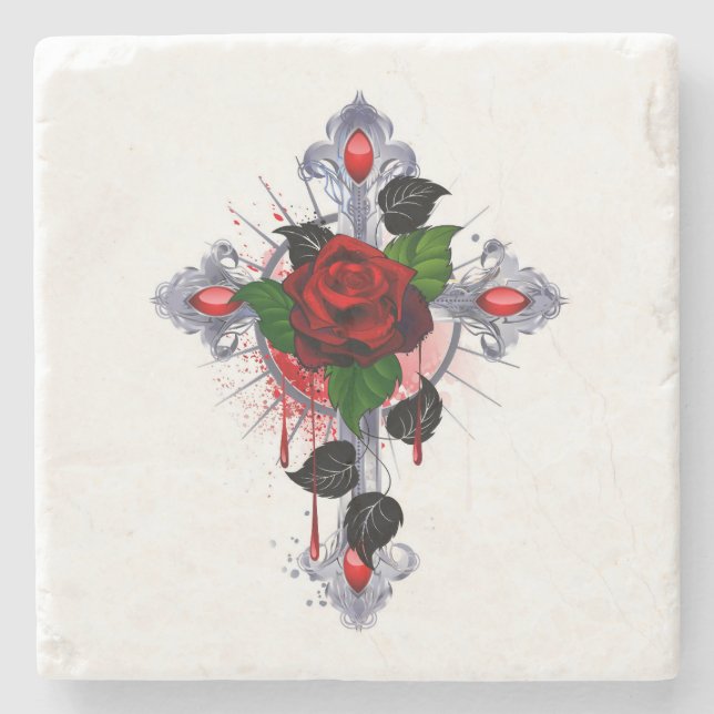 Silver Cross with a Red Rose Stone Coaster (Front)