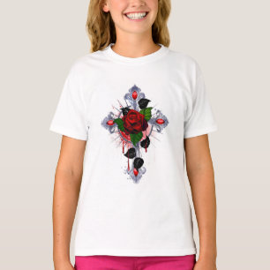 Silver Cross with a Red Rose T-Shirt
