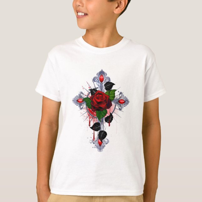 Silver Cross with a Red Rose T-Shirt (Front)