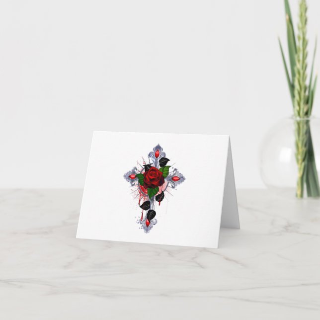 Silver Cross with a Red Rose Thank You Card (Front)