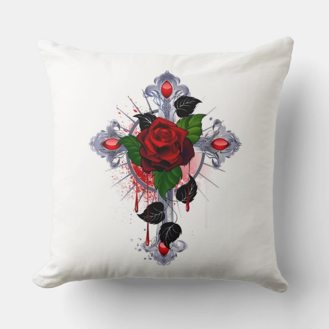 Silver Cross with a Red Rose Throw Pillow (Front)