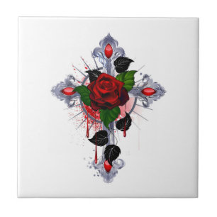 Silver Cross with a Red Rose Tile