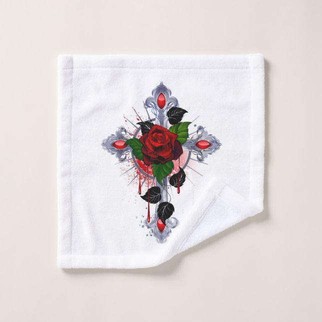 Silver Cross with a Red Rose Wash Cloth (Wash Cloth)