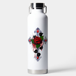 Silver Cross with a Red Rose Water Bottle
