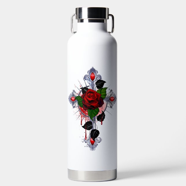 Silver Cross with a Red Rose Water Bottle (Front)