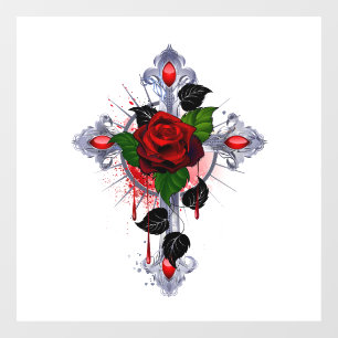 Silver Cross with a Red Rose Window Cling