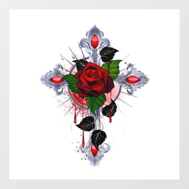 Silver Cross with a Red Rose Window Cling (Sheet)