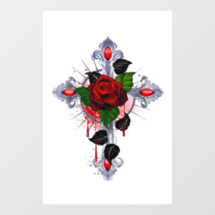 Silver Cross with a Red Rose Window Cling