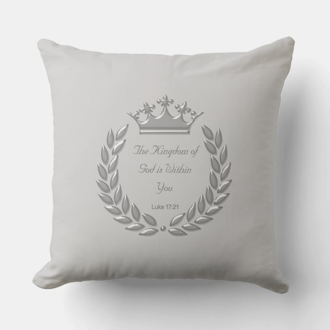 Silver Crown & Bible Verse on Light Silver Grey Throw Pillow (Front)