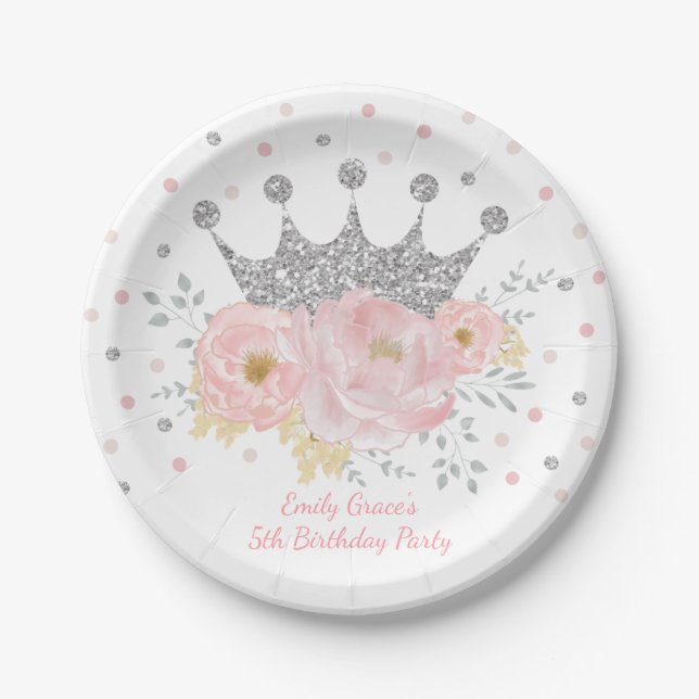 Silver Crown Blush Pink Floral Royal Princess Paper Plate (Front)