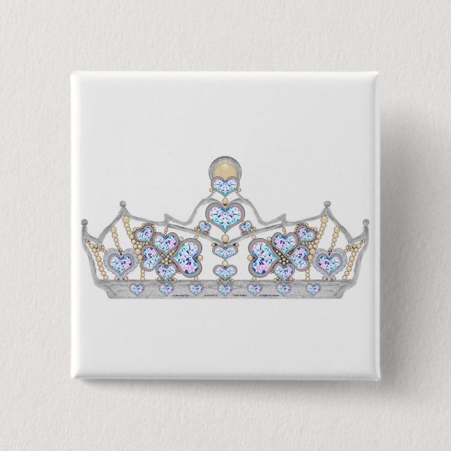 silver crown of heart diamonds bright fashion 2 inch square button (Front)