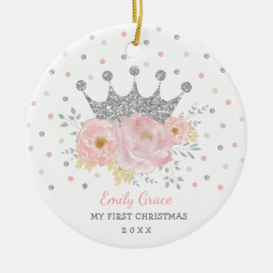 Silver Crown Princess Baby First 1st Christmas Ceramic Ornament