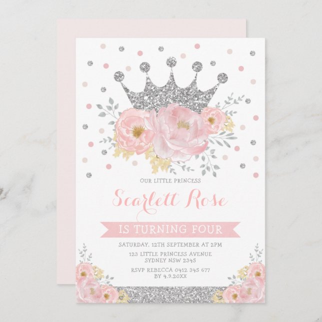 Silver Crown Princess Blush Pink Floral Birthday Invitation (Front/Back)