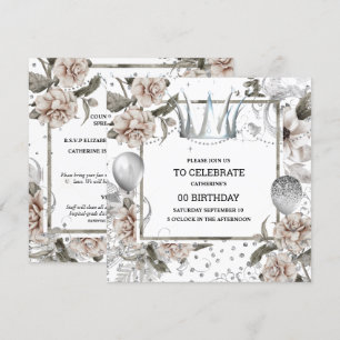 Silver crown shabby chic floral glitter glam invitation