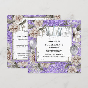 Silver crown shabby chic floral glitter purple invitation