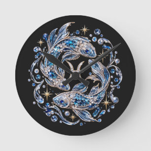 Silver Crystal Pisces Zodiac Round Clock