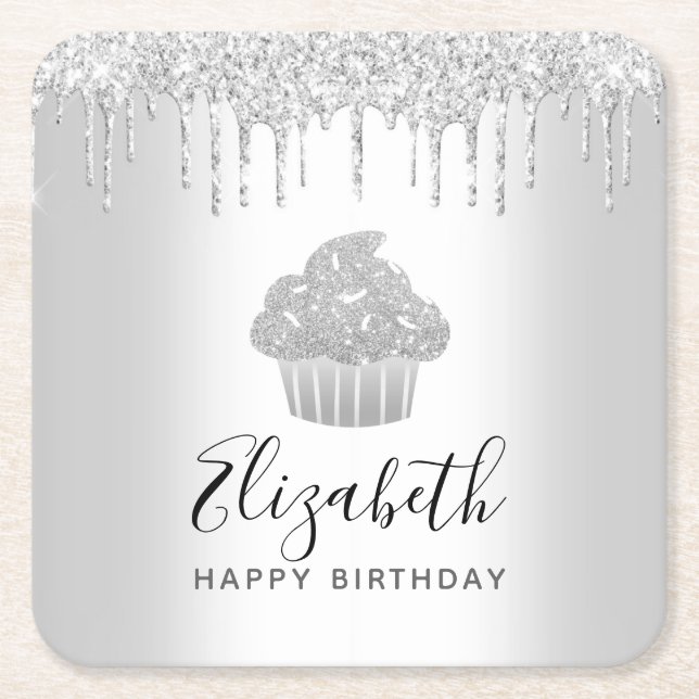Silver cupcake glitter drips script name modern square paper coaster (Front)
