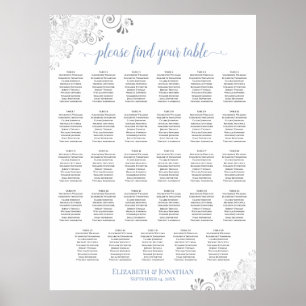 Silver Curls 29 Table Wedding Seating Chart Blue