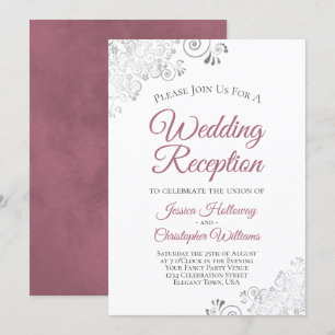Silver Curls Dusty Rose on White Wedding Reception Invitation