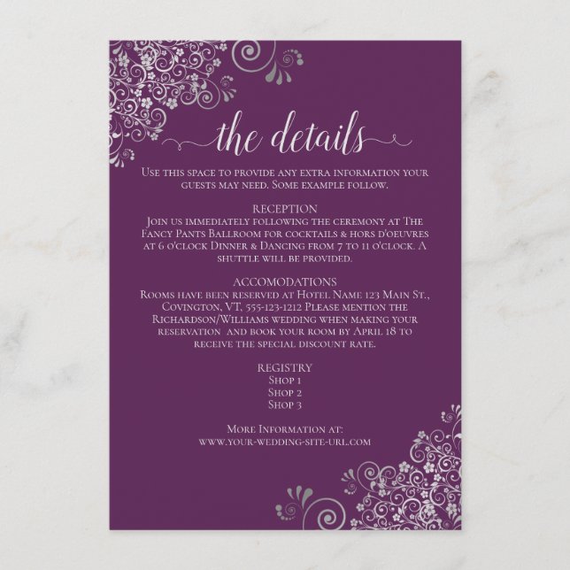 Silver Curls Elegant Plum Purple Wedding Details Enclosure Card (Front)