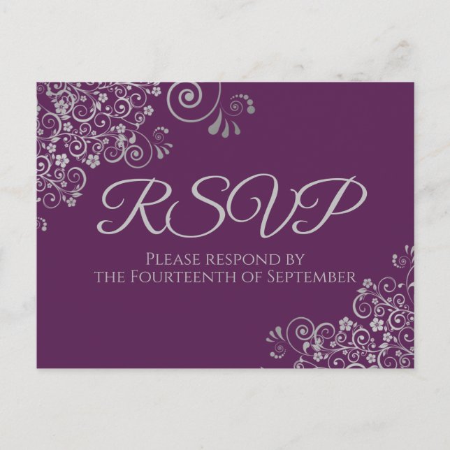 Silver Curls Elegant Plum Purple Wedding RSVP Postcard (Front)