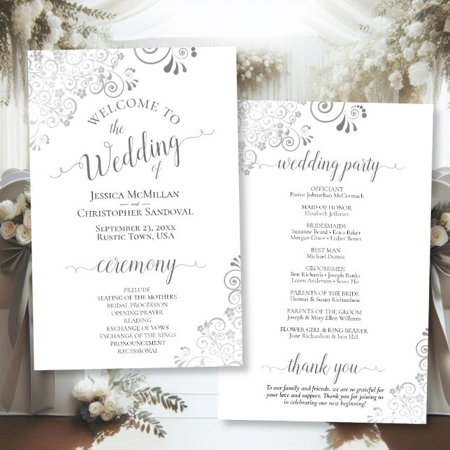 Silver Curls Grey & White Budget Wedding Program (Front/Back)