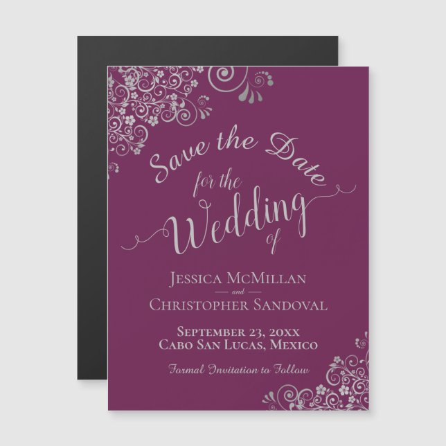 Silver Curls Magenta Plum Save the Date Magnet (Front/Back)