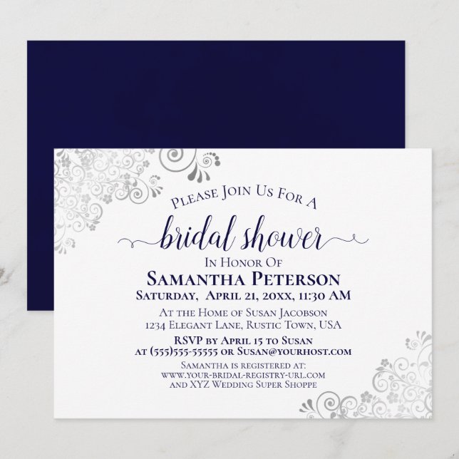 Silver Curls Navy Blue Elegant White Bridal Shower Invitation (Front/Back)