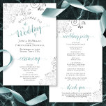 Silver Curls Teal on White Budget Wedding Program<br><div class="desc">These wedding programs are elegant and tasteful, while still being budget friendly. The design features ornate silver gray faux foil corners with teal and gray text on a white background. The typography features lacy script calligraphy, and there is room for details on the ceremony, the bridal party, and a short...</div>
