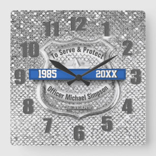 Silver Custom Blue Line Police Officer Retirement Square Wall Clock