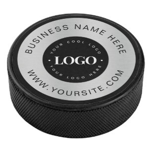 Silver Custom Logo Text Company Business Branded   Hockey Puck