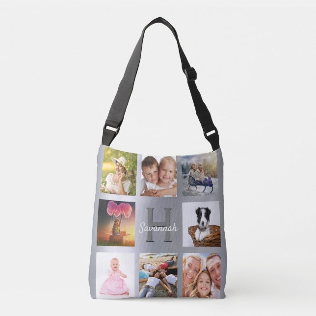 Silver custom photo collage monogram name crossbody bag (Front)