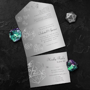 Silver D20   Sophisticated RPG Dice Wedding Entree All In One Invitation