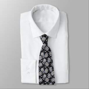 Silver Daisies on Black Designer Tie