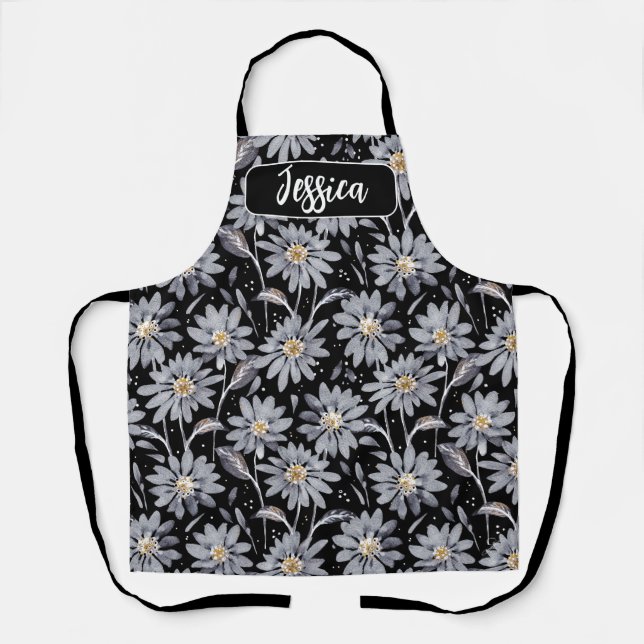 Silver Daisies on Black Personalized  Apron (Front)