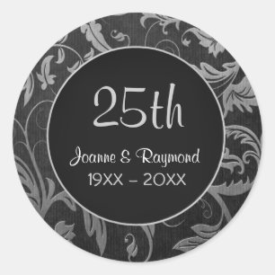 Silver Damask 25th Anniversary - Customize Classic Round Sticker