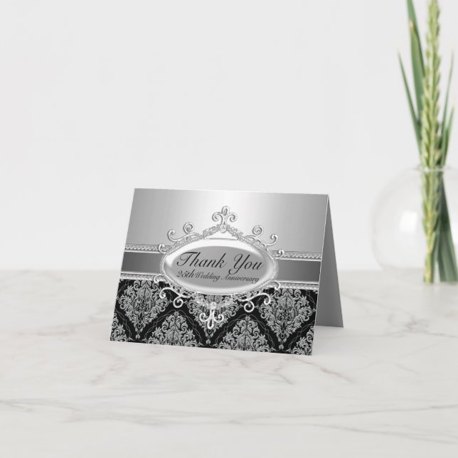 Silver Damask 25th Wedding Anniversary Thank You (Front)