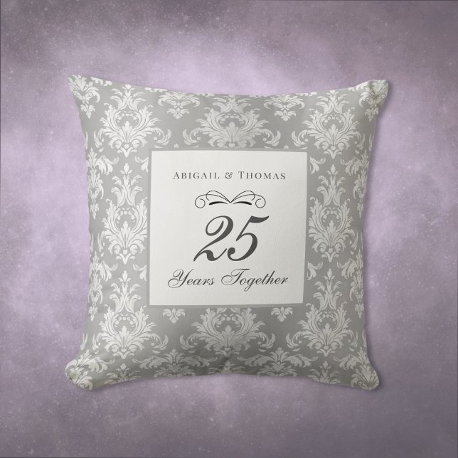 Silver Damask 25th Wedding Anniversary Throw Pillow (25th Wedding Anniversary Silver Damask Gift Throw Pillow)