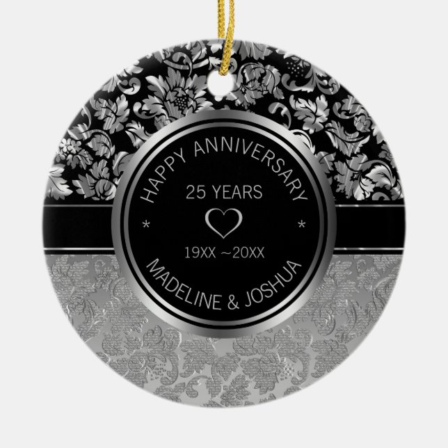Silver Damask And Silver- Black Hearts Ceramic Orn Ornament (Front)