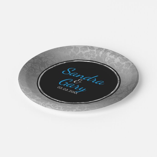 Silver Damask Black Circle With Silver Ring Paper Plate (Angled)