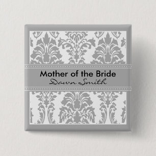 Silver Damask Bridal Party - Mother of the Bride 2 Inch Square Button