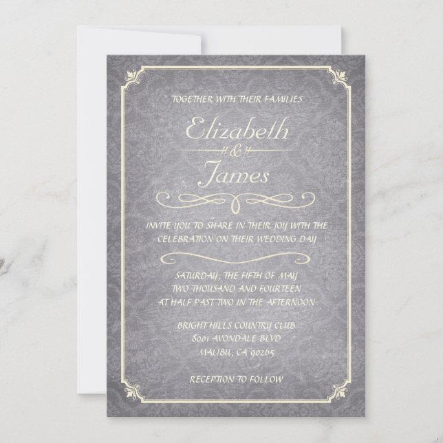 Silver Damask Chalkboard Wedding Invitations (Front)