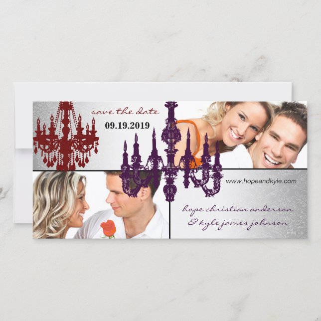 Silver Damask Chandelier Save The Date Photo (Front)