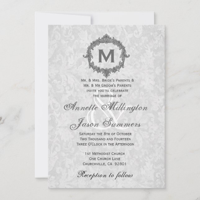 Silver Damask Grey Vintage Frame Monogram Wedding Invitation (Front)