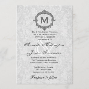 Silver Damask Grey Vintage Frame Monogram Wedding Invitation