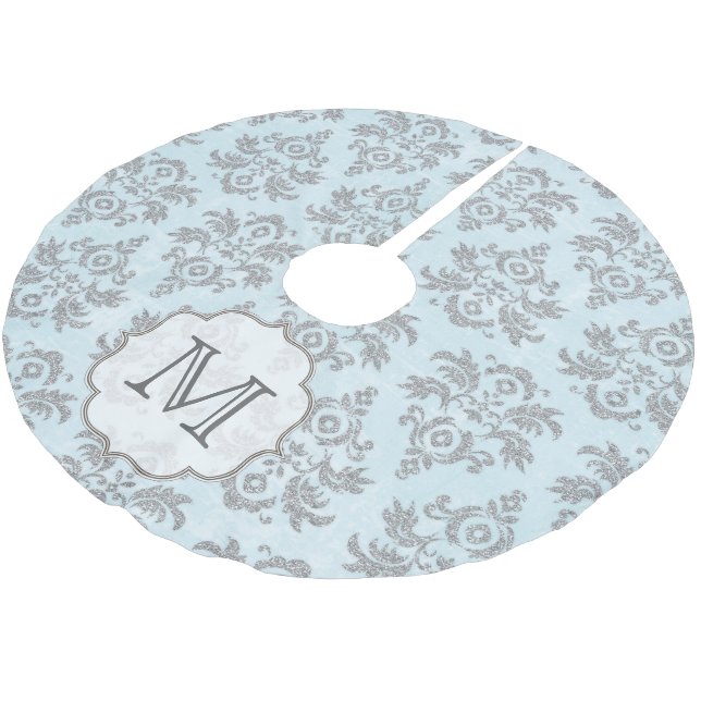 Silver Damask Lace Monogram Initial Tree Skirt (Angled)