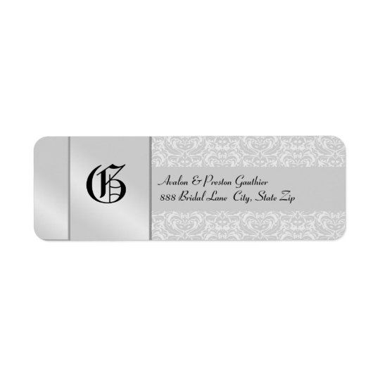 Silver Damask Monogram Black Wedding Address Label